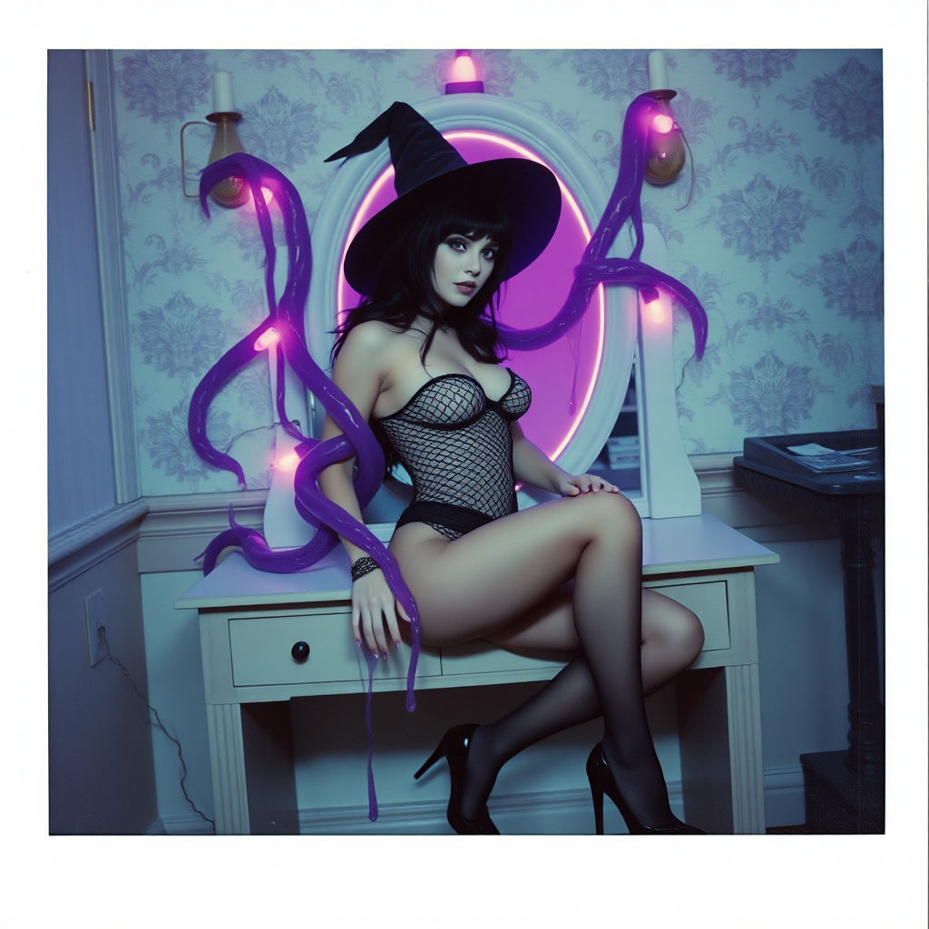 Scan of an nsfw old polaroid photograph with visible wear and heavy vignetting and blue color tint and light leaks, depicting a sexy pale curvy alt goth girl with black hair wearing skimpy fishnet black bodysuit and gstring revealing her nipples and wearing black stockings and high heels, sitting on a builtin vanity with mirror in old house with wallpaper on walls with her knees spread apart.  Camera flash used.  Dark lighting.  Moody and hazy.  Grunge look.  Erotic.  Nude. Pink Christmas Lights on wall.  She is wearing a witch hat and is being restrained by giant glowing translucent slimy jello like purple vines dripping goo coming from inside glowing purple portal in the mirror, wrapping tightly around her arms and legs and torso.  The vines are pulling her back towards the mirror.