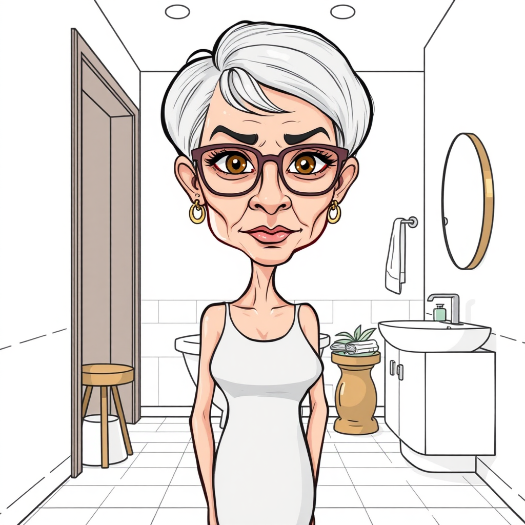 55 Years old, European, Latina, sharp aquiline nose, wrinkles, high cheekbones, Middle Eastern, Skinny, Tanned skin, Dark light skin, Rounded Medium breasts, Skinny thighs, round ass, full Makeup, jewelry, Serious face, Sharp nose, blushing, Ash hair, short bowl haircut, Brown eye color, Glasses, with detailed features. s, she enters a wide bathroom, from the background, long establishing shot, 2D, caricature, cartoon, Sketch lines, coloring book, coloring bathroom, well composed, clean coloring book page, No dither, no gradient, strong outline, No fill, No solids, vector illustration, realistic proportions,