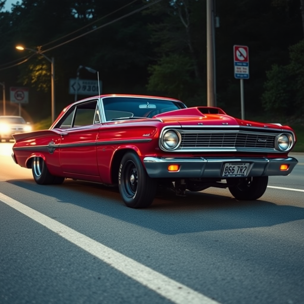 the drag car is parked on the side of the road, inspired by Taiyō Matsumoto, tumblr, restomod, nd4, c4 metallic shine candy red classic american low rider custom ford