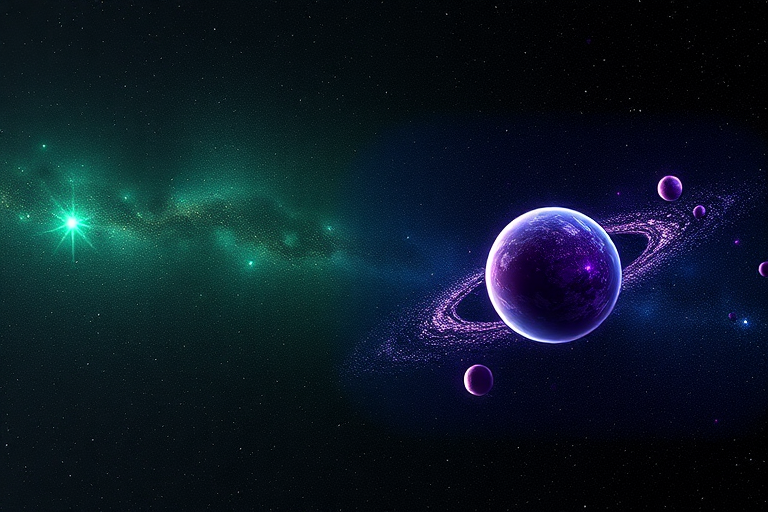 Small dot in the universe bursts into two other halves of universes with their own planets and stars. One universe is greenish in color while the other half is more purple and has purple asteroids in it.