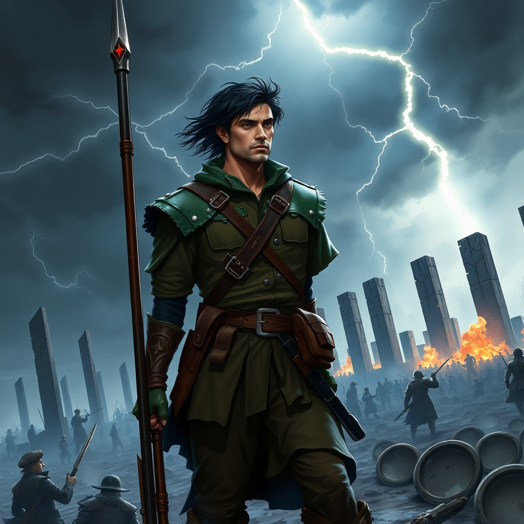 An epic illustration of Kaladin, a tall and determined warrior, standing on a stormy battlefield. He is dressed in his worn soldier’s uniform, with his iconic spear in hand, ready for battle. His dark hair is wet and tousled by the wind, and his expression is one of intense focus and resolve. Surrounding him is the energy of Stormlight, glowing faintly around his body, as if he’s drawing strength from the storm itself. The sky above is dark and turbulent, with flashes of lightning illuminating the scene. In the background, massive stone pillars rise from the earth, and distant figures of soldiers and enemies clash in the chaotic storm. The atmosphere is both heroic and somber, capturing Kaladin’s burden of leadership, his inner struggle, and the immense power of the Stormlight flowing through him.