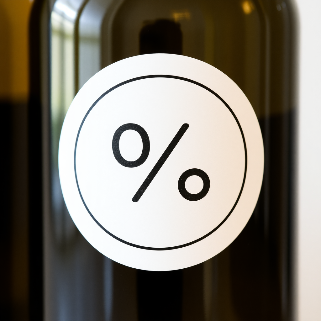 A photo of a bottle with a white circular label with a black percent symbol on it.