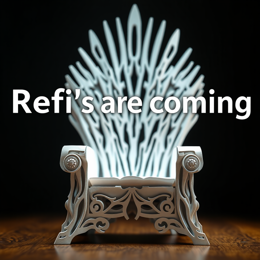 A flyer image of the Game of Thrones chair made out of white paper. The text in the background says “Refi’s are coming.”

The refi is for refinancing a home. Cinematic shot, movie scene, intricate detail.