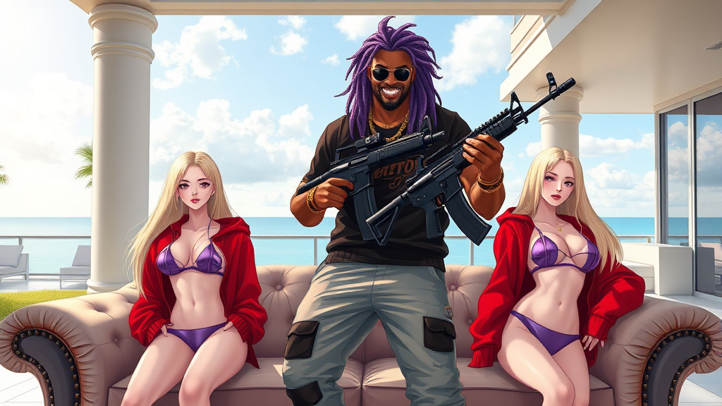 A high-quality anime art scene, a white thug male with purple dreadlocks standing on top of a sofa, golden grills, holding 2 AK-47s, in a modern-day mansion outside in Miami Beach. There are two white girls, long blonde hair, with micro-bikinis and G-strings next to him wearing red Bape hoodies.