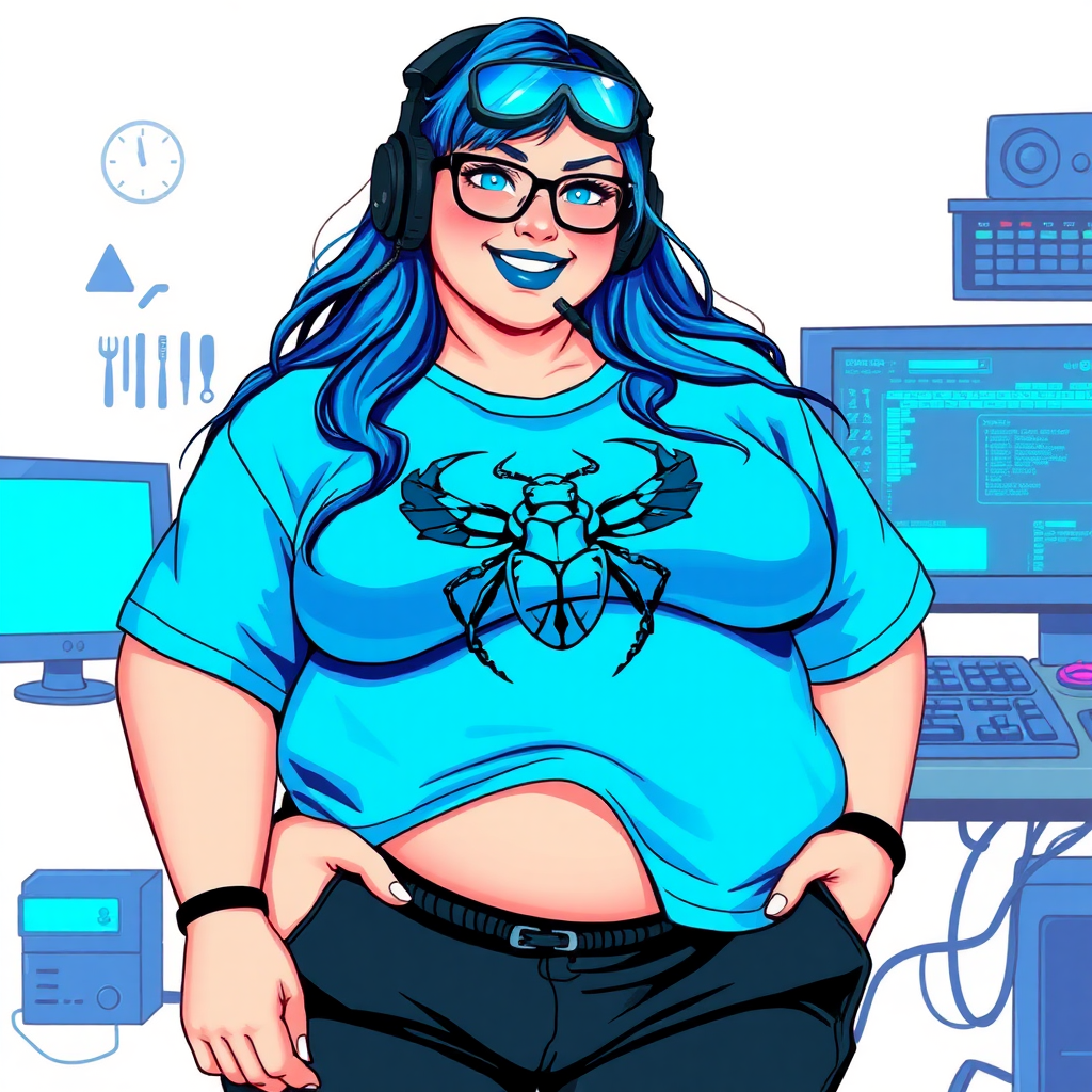 A cyberpunk vigilante's 28-year-old computer science major nerdy, full figured, heavily pampered computer hacker and tech-wiz girlfriend with long, maximum blue hair. She wears maximum blue lipstick and has bright blue eyes. Her outfit includes an oversized, maximum blue t-shirt (accentuating her gargantuan midsection) featuring a maximum blue gemstone beetle chest emblem. She sports black eyeglasses, black sweatpants, a sapphire headset with a maximum blue lensed HUD, with a beaming smile and neon red blush. Her full figure reflects the doting care of her vigilante boyfriend. As her boyfriend's tech-wiz, she primarily works in his hideout, operating from her workbench and her computer desk. The background is solid white. She has a prominent, round, gargantuan midsection. Her midsection is bloated to emphasize her full figure. She is drawn as if she was in a retro 2D cyberpunk fighting game.