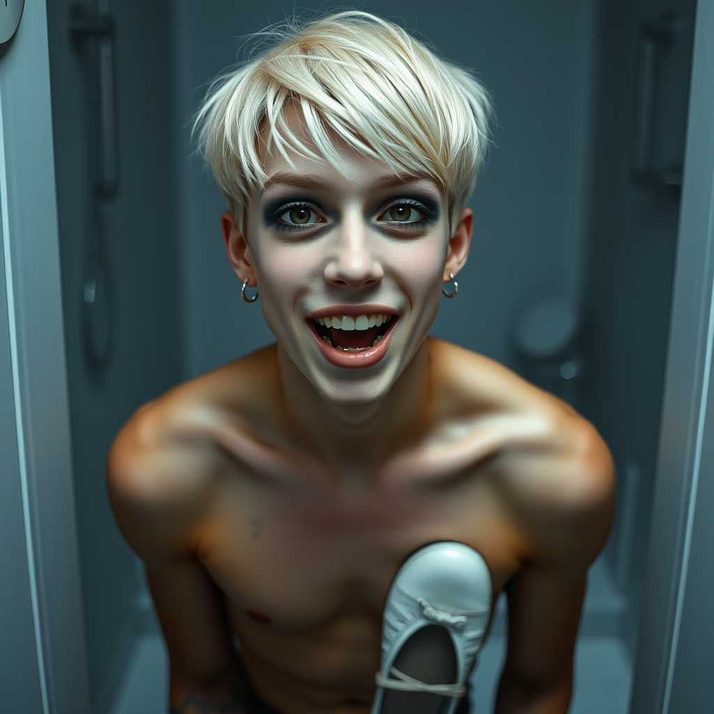 photorealistic, ultra high resolution, 16K, surreal fantasy, studio lighting, a pretty 16 year old goth boy, slim male physique, short blonde hair, goth makeup, earrings, pantyhose, white ballet shoes, in the bathroom, excited smile, facing the camera, drooling from his mouth