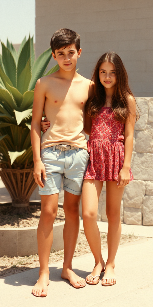 Vintage photo, 1980s. Hot summer. Iran. Tall 14yo teen boy and girl. Long legs, bare thighs. Full length view.