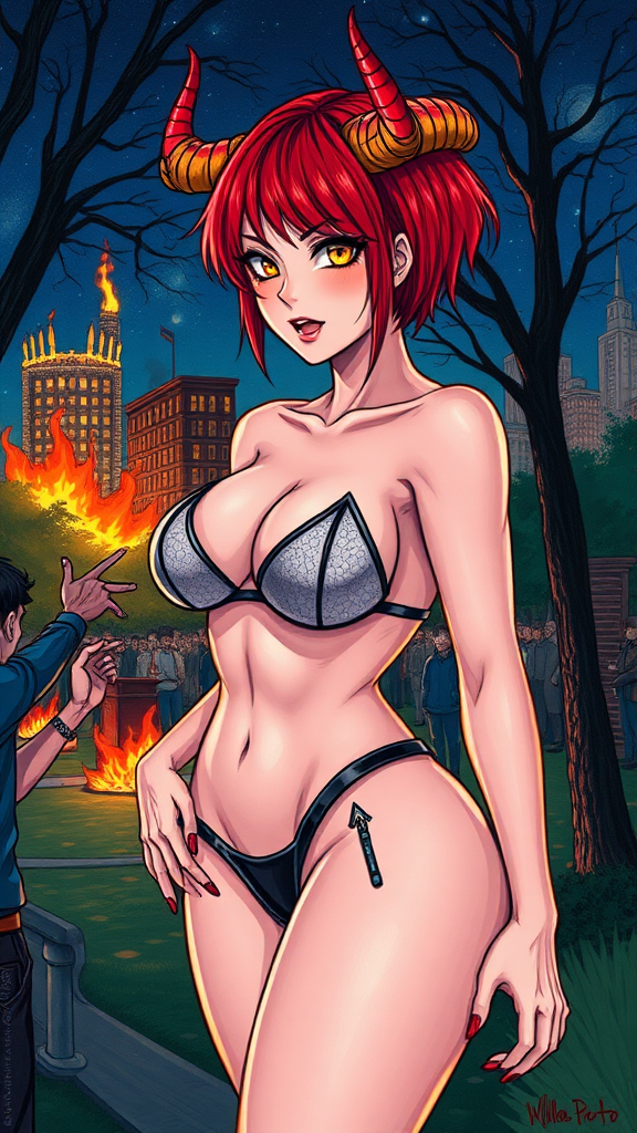 Anime drawing with crayons: A seductive hypersexual woman, short red hair, mega-colossal huge massive boobs/tits/breasts that can barely fit in a bikini, horns, yellow eyes, sexy waist, full body, in a park at night with a city on fire hands of rioters next to her touching and grabbing her all over.