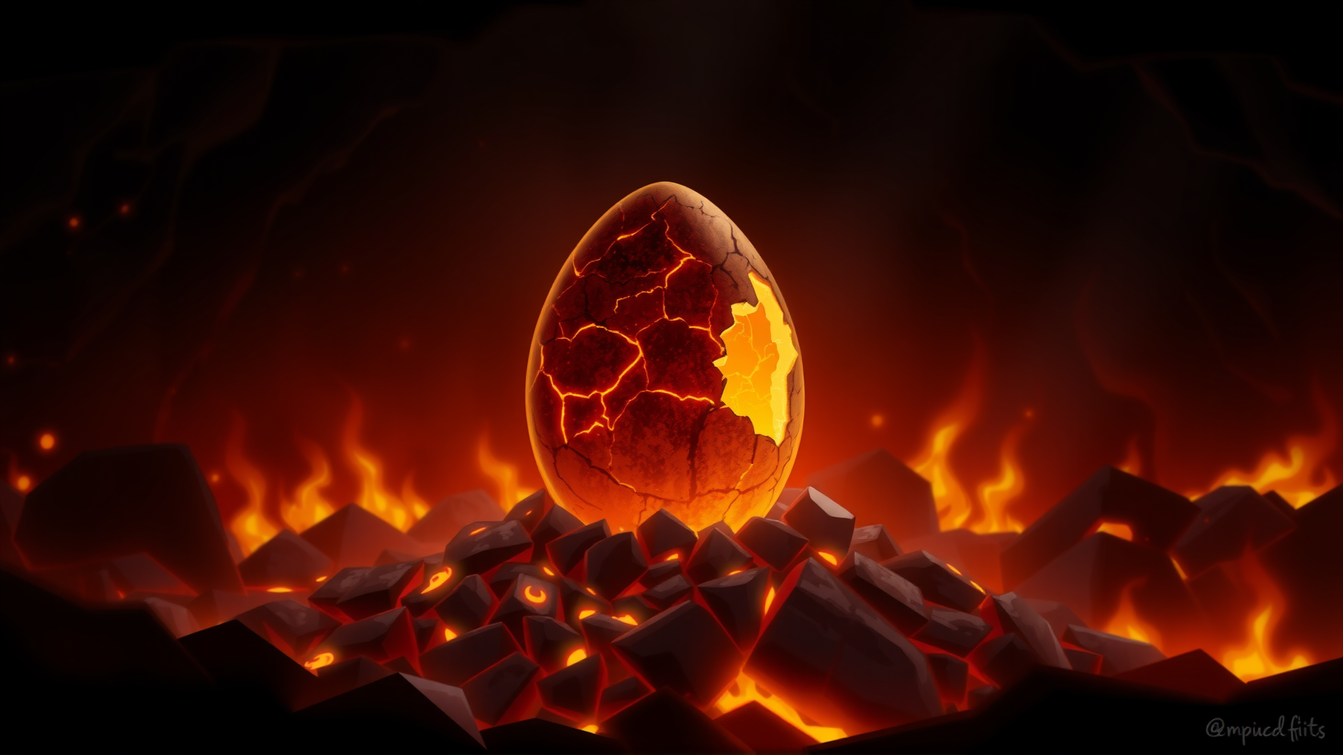 perfection style, a digital art illustration depicting a charred egg sitting on a pile of cinders in a cave full of lava and lit by the fires. The egg is covered with cracks glowing from the inside.