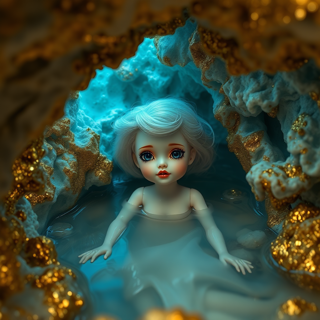 a porcelain doll in a flooded cave, artists doll, bjd, high quality photo, intricate environment, ultra-detailed, impressionistic, dynamic composition, artistic photograph, matte texture, geode, alabaster, gold, fractal, intense colors, glittering