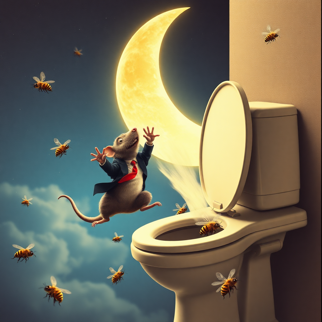 A rat politician diving off the moon into a toilet, bees, 90s musical movie poster, no text