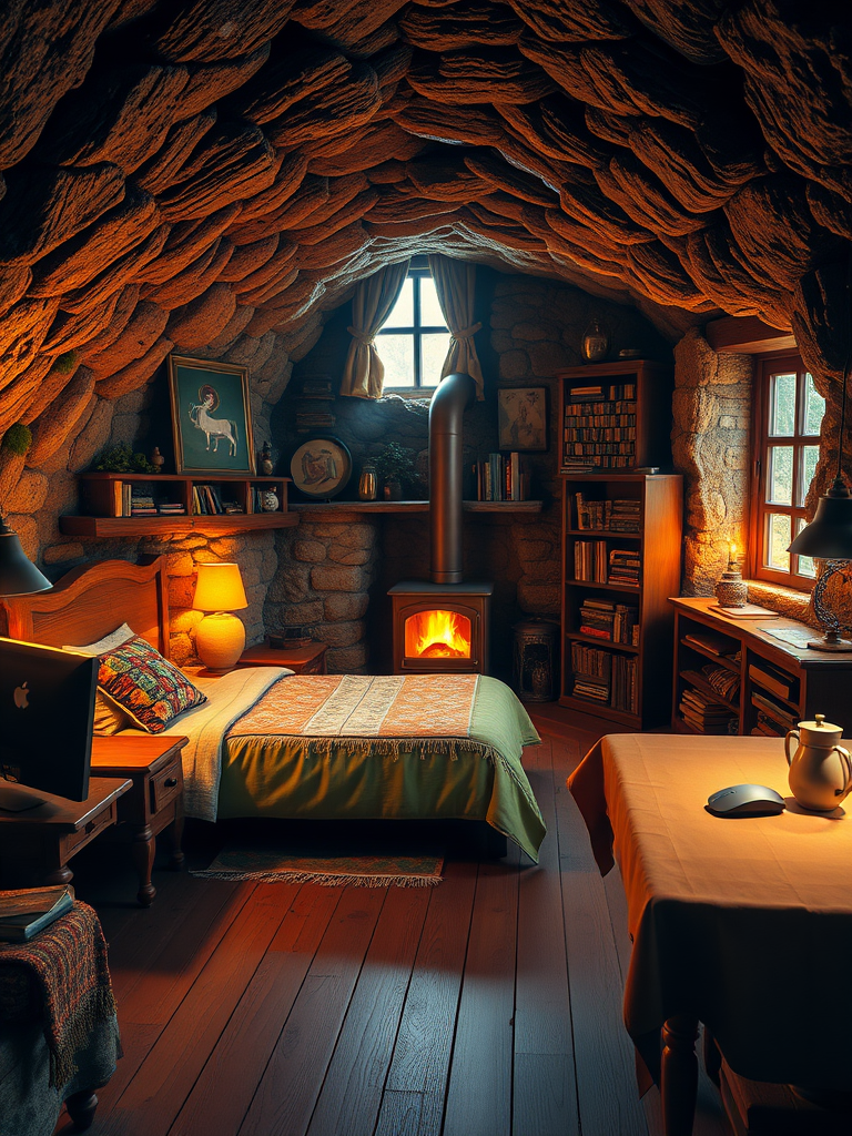 Cottage in the cave: rough stone walls, warm firelight, brown bed frame, soft cotton quilt, black computer, metal keyboard, bright stove fire, green moss, thick curtains, solid wood floor, colorful cushions, ancient murals, smoking chimney, exquisite ornaments, silver mouse, warm blanket, worn bookshelf, yellowed books, stone steps, cold windowsill, vigorous flames, dim corners, mysterious totem, worn tablecloth, real, reality.