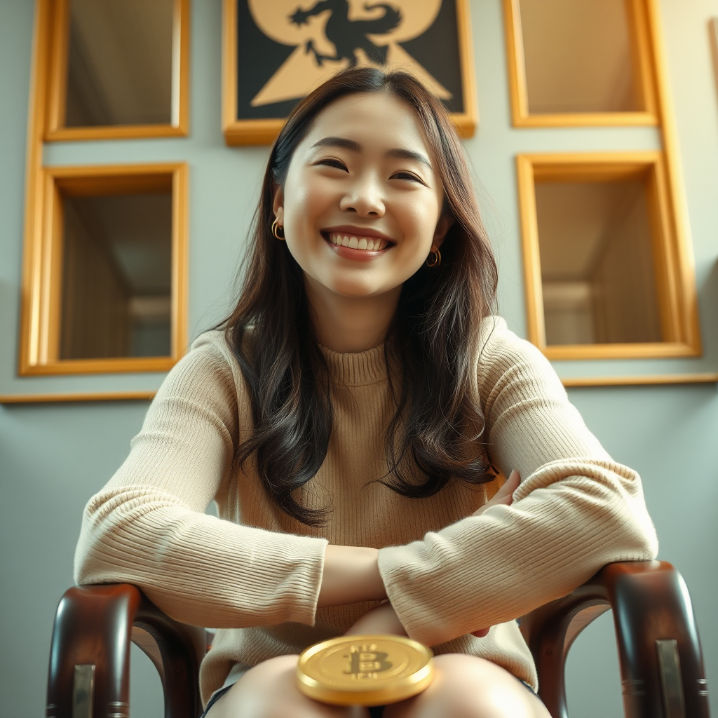 photo low angle full body shot beautiful xiaomeimei looking down. She is sitting on a chair. she is grinning. her arms are on the armrests. there is a token on the ground in front of the chair