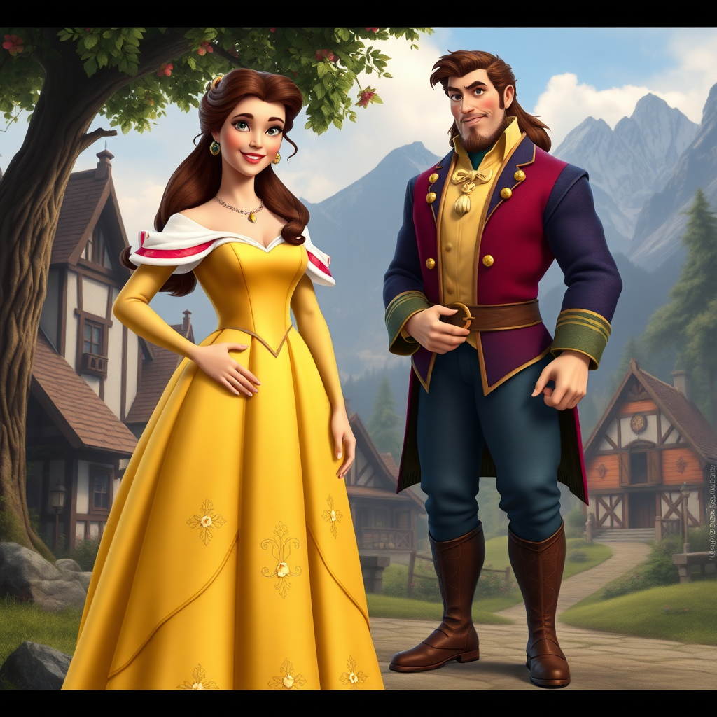 Generate a full-length rendered image featuring Belle using Gaston’s male body. Retain Belle’s head, hairstyle, and facial features. Adapt her costume by incorporating embellishments from Gaston’s attire, adjusting it to fit the new proportions. Design a background inspired by both characters, merging elements from the charming village and the rugged wilderness. Ensure the overall composition showcases a seamless blend of femininity and masculinity, while reflecting the essence of the original characters.