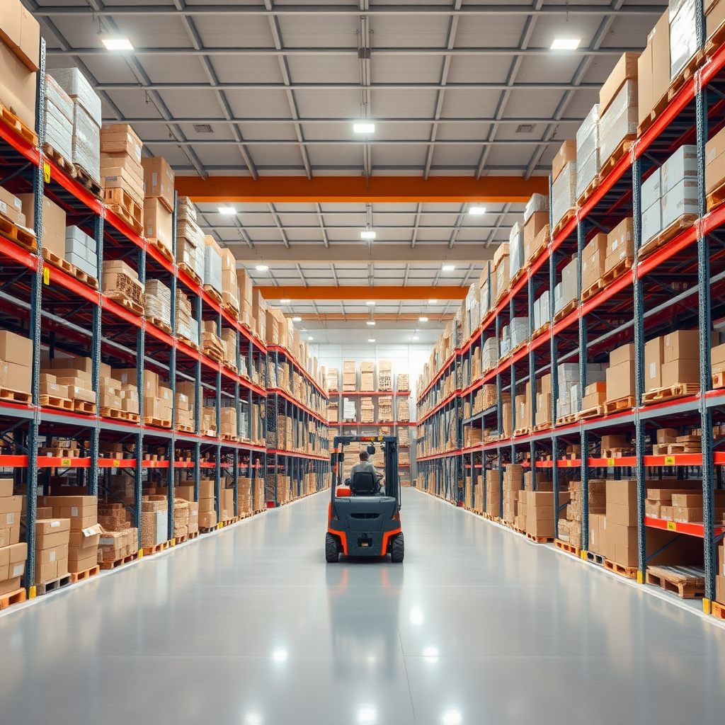 Create a high-resolution stock photo of a modern warehouse interior. The scene should include tall shelves filled with various boxes and products, a spacious layout with clear pathways, and bright overhead lighting. Include a forklift. The overall atmosphere should convey efficiency and organization, with a clean and professional look. NO text.