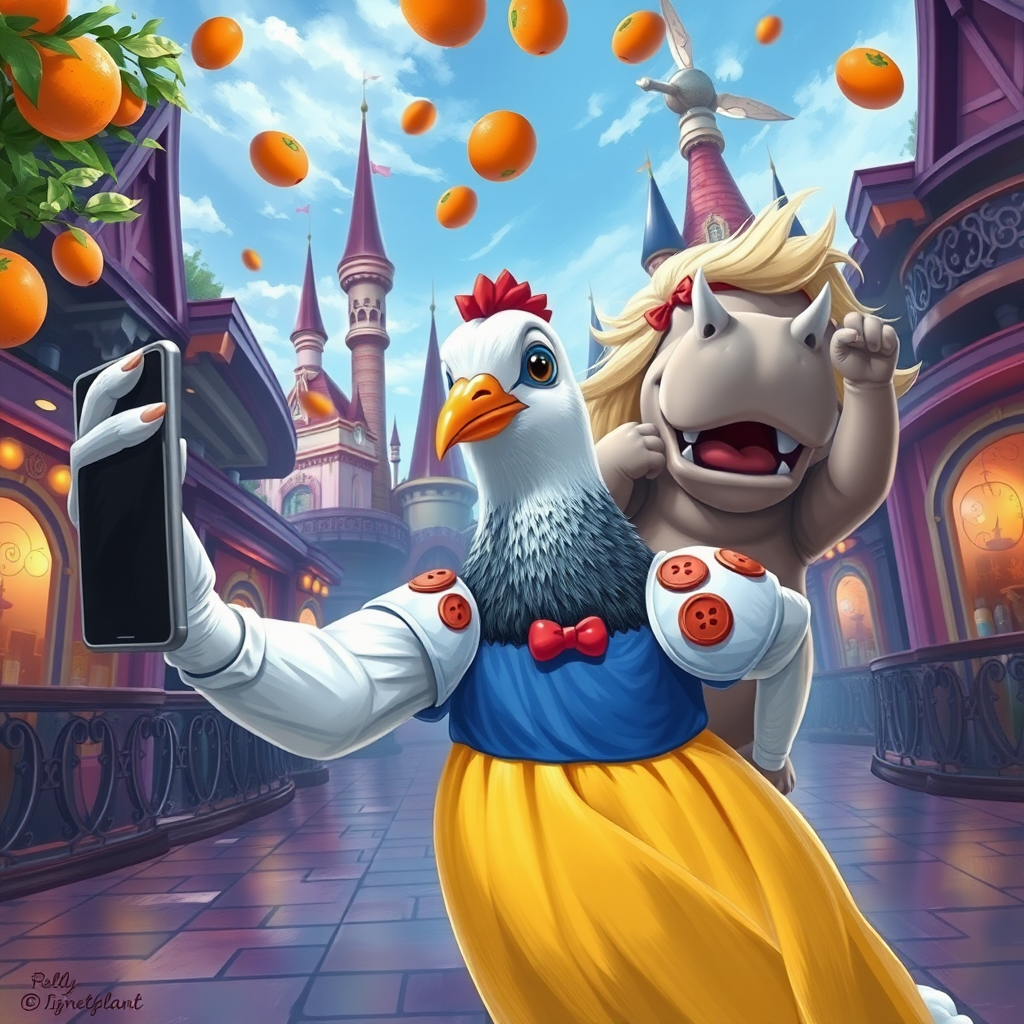 digital painting of a pigeon in snow white clothes taking a selfie in disneyland, a blonde hippo pole-dancing behind, oranges falling from the sky