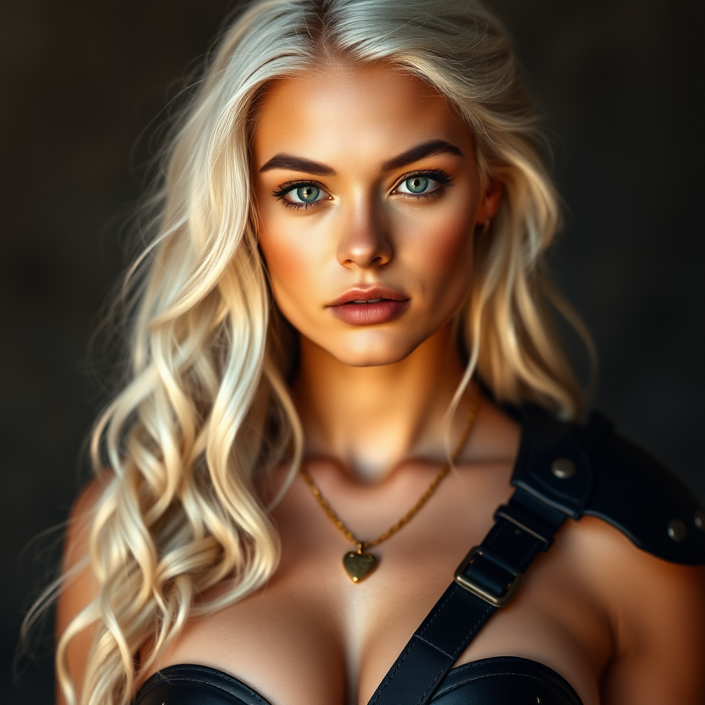 Portrait of a beautiful young woman with long wavy platinum blonde hair, platinum blonde eyebrows, green eyes, a suntan, and large breasts. She is wearing black leather armor and a gold necklace with a small heart pendant.