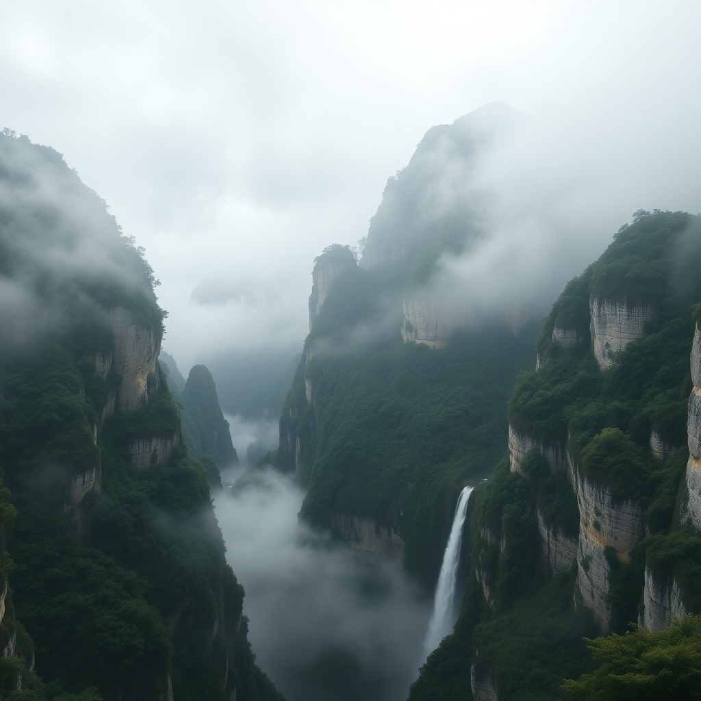 cinematic raw photo of Zhangjiajie National Forest Park in China, capturing the towering mountain pillars with vegetation shrouded in mist and a waterfall, surreal Avatar movie like landscape, highly detailed, professional photography