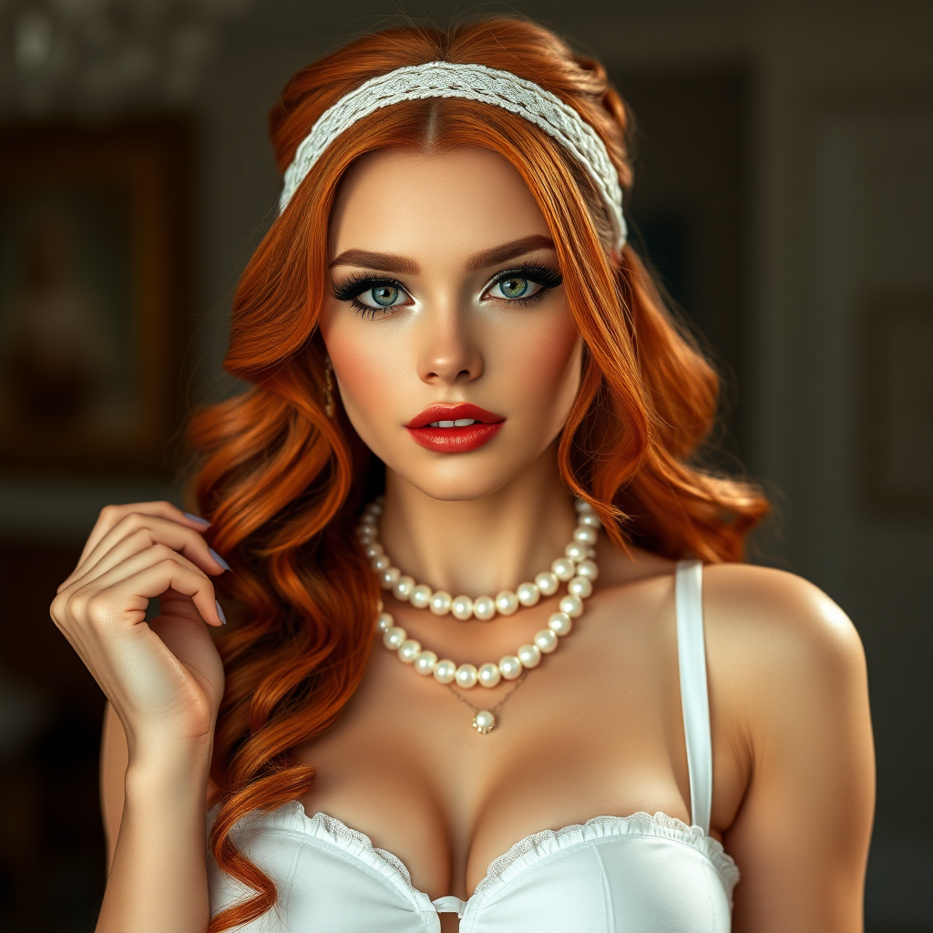 masterpiece, 22 years old, a very beautiful Finnish woman with a sexy body, the woman's name is zegort, hyper realistic, realistic face, detailed face, big breasts and round hips, headband and white garters, pearl necklace, high-heeled shoes, wavy red hair woman. Her panties look puffy. Wonderful, magnificent, beautiful. Perfect hands, high detailed face, detailed skin, perfect eyes, eyeliner, big eyelashes, modern style, sexy, spicy look, front view, glitter