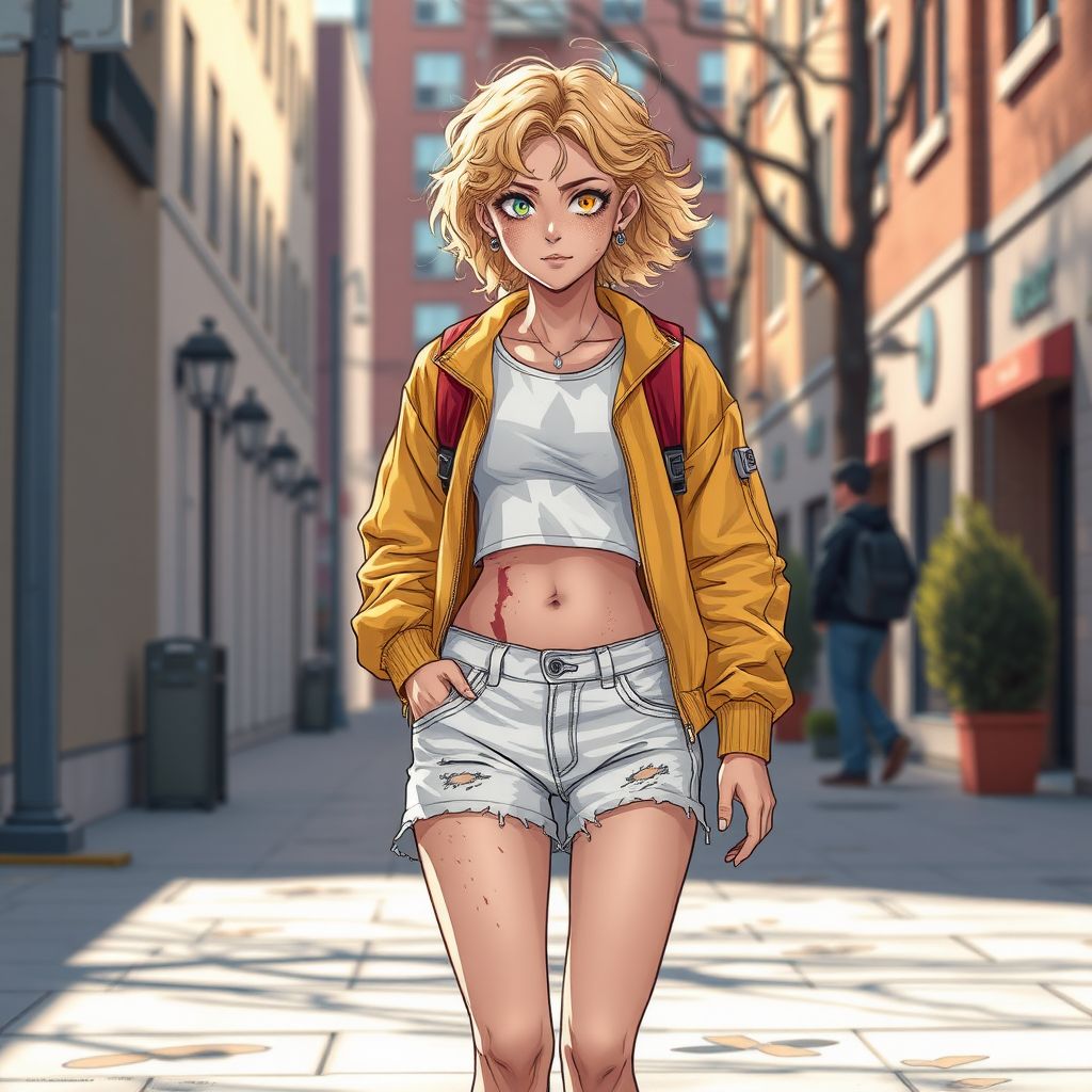 Realistic drawing style image, Extremely good quality 8k resolution drawn manga image of a 15 year old petite and short tomboy girl with golden blonde curly hair with mixed and different colored eyes for each eye and moles on her entire body and is a white American girl, Has on a Gold Jacket over a white extremely short crop top only covering her breasts and nothing more with a design on it, and has on ripped shorts and cool looking sneakers and a deep and big knife cut wound on her stomach from a huge injury she had, with a bright color backpack, ear piercings on, walking on the street to school in the morning with the beautiful sunlight lighting up her body beautifully with no tattoos.