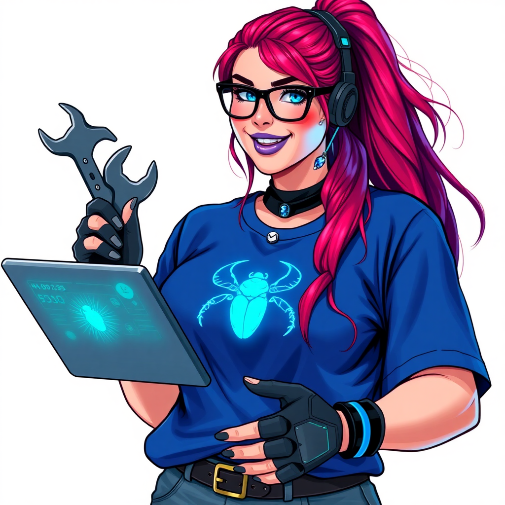 An intelligent and tech-savvy 29-year-old computer hacker and tech genius. She has a long ruby red ponytail. She wears maximum blue lipstick, blue eyes, a sapphire beetle gemstone necklace, sapphire earrings, black eyeglasses, hi-tech power gloves, and an oversized maximum blue t-shirt featuring a neon blue glowing beetle chest icon. She has a gargantuan full-figured physique with a prominent round gargantuan midsection, reflecting her well-cared-for lifestyle. She sports a sapphire headset with a hi-tech maximum turquoise lensed HUD, and a beaming smile accentuated by a passionate neon red blush. She serves as his tech expert from his hideout, holding a futuristic tool wrench and a futuristic digital tablet. The background is solid white. She is drawn as if she was in a retro 2D cyberpunk fighting game.