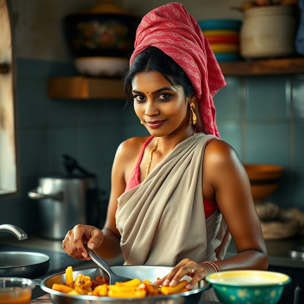 slim, 30 year old, traditional, indian wife, after bath, towel head, cooking food in kitchen