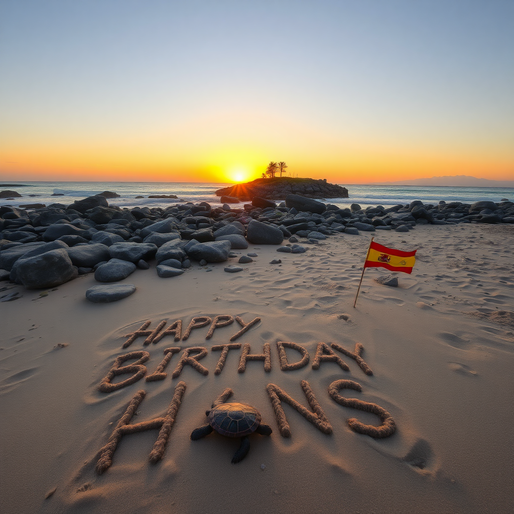 Beach with rocks, pines and bar. Sunset. Sand spelling the words "Happy Birthday Hans" Turtle in sand, Spanish flag.