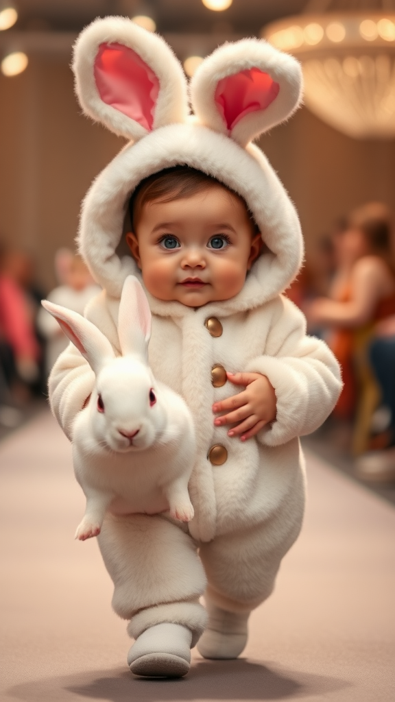 A cute small chubby fair baby with big eyes, pink lips, and pink cheeks, wearing a furry cozy white rabbit costume, doing a ramp walk in a fashion show, walking with a real big white rabbit held in their hands, cinematic.