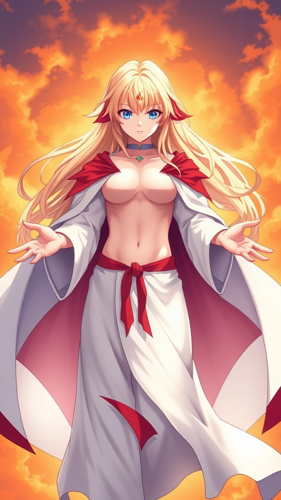 young femboy, flat chested, flat chest, feminine, long blonde hair, blue eyes, flowing white robe, hands, hands open, flowing red cape, levitating. orange and blue background. epic heroic pose, fantasy, masterpiece, HD, 8K, High Contrast
anime, anime style