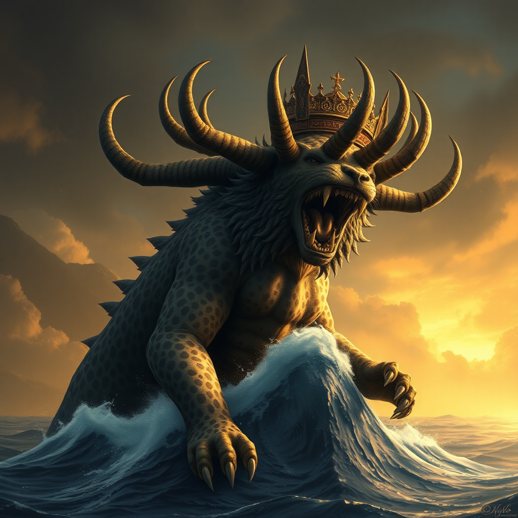 A beast with ten horns and seven heads rising out of the sea. There are ten royal crowns on its horns and blasphemous names on its heads. The beast is like a leopard, with the feet of a bear and the mouth of a lion.