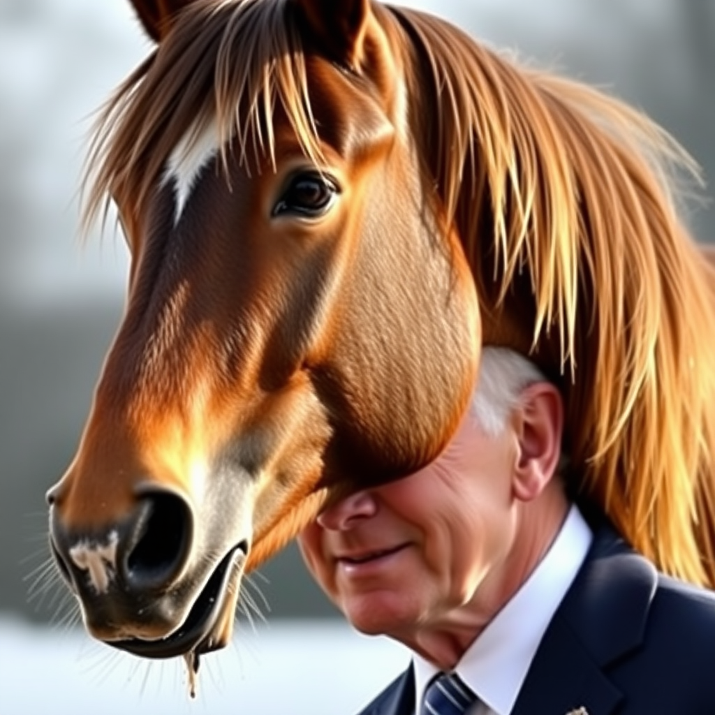 A horse is shitting on Joe Biden's face.