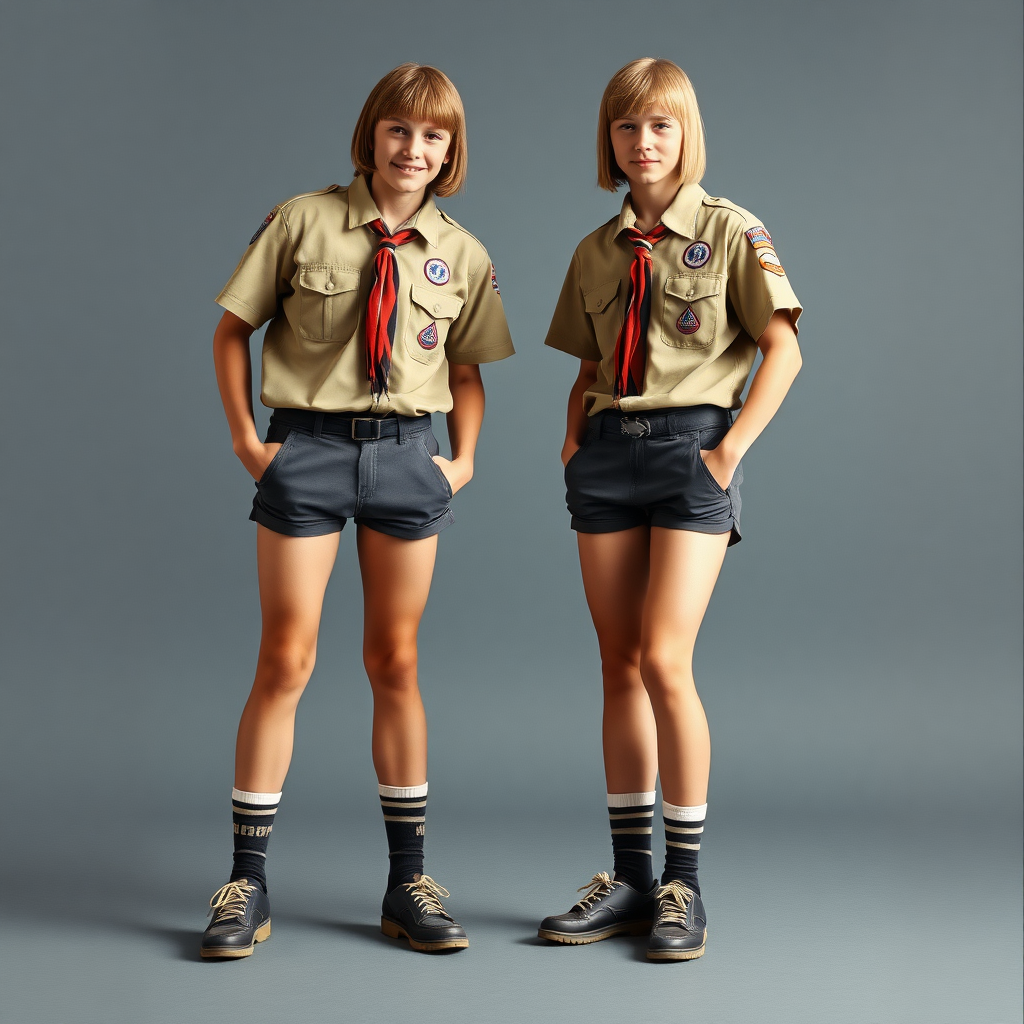 two tall 14yo teen boys, long hair bob cut, wearing American boy scout uniform with matching very tight booty shorts, tube socks, shoes, long legs, narrow thighs, full-length view. 1980s. photorealistic, ultra high resolution, 16K, Negative: grainy, blurry, bad anatomy, extra limbs, watermark.