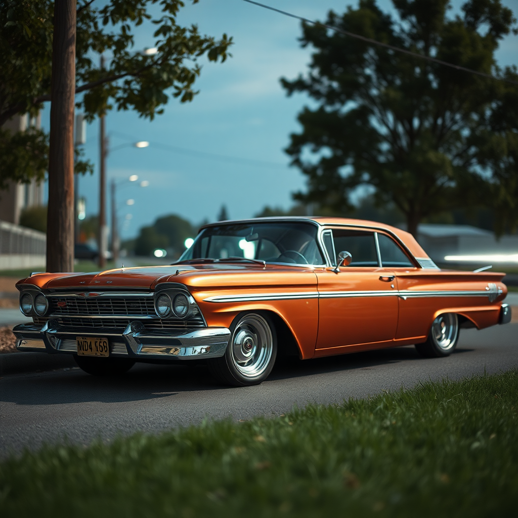 the car is parked on the side of the road, inspired by Taiyō Matsumoto, tumblr, restomod, nd4, c4 metallic shine classic american low rider ford