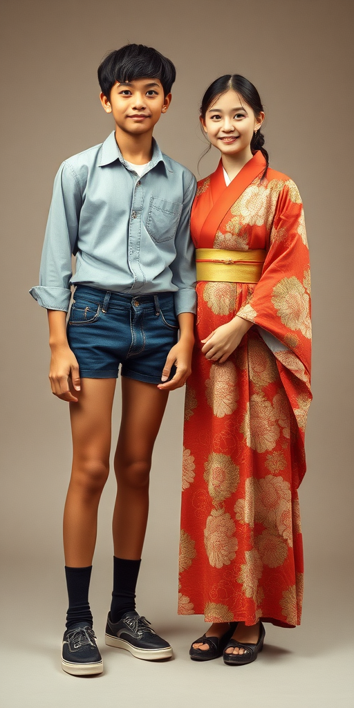 A 13yo teen boy, wearing a shirt, denim tight booty shorts, tube socks, shoes, long legs, narrow thighs. With a girl wearing a traditional floor long kimono. full-length view. studio background. Family photo. 1980s. 
photorealistic, ultra high resolution, 16K,
Negative: grainy, blurry, bad anatomy, extra limbs, watermark.