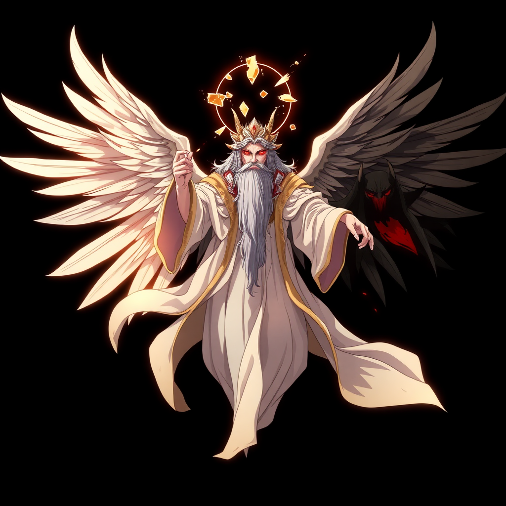 (Anime styled art) Black background of a divine yet sinister figure, floating ominously in mid-air. The being, known as YHVH, radiates both light and darkness, with four angelic wings on one side and two demonic wings on the other. A shattered halo hovers above its head, casting a fractured glow. Dressed in flowing robes of white, gold, and black, the figure's long beard sways gently in the air. Its fiery ember eyes burn with a wrathful intensity, exuding a presence both holy and malevolent.