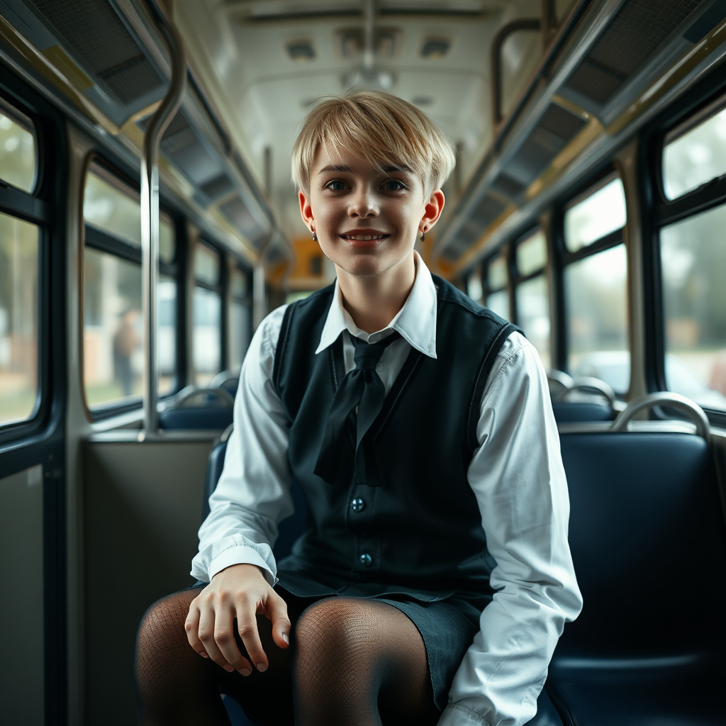 photorealistic, ultra high resolution, 16K, surreal fantasy, soft studio lighting, a pretty 16 year old goth male, slim male physique, short blonde hair, goth makeup, earrings, sheer black pantyhose, UK girls-school uniform, Mary-Jane shoes, sitting in the school bus, excited smile, facing the camera.