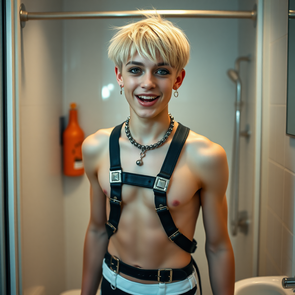 photorealistic, ultra high resolution, 16K, surreal fantasy, studio lighting, a pretty 16 year old goth boy, slim male physique, short blonde hair, goth makeup, earrings, pantyhose, harness, spikey dog collar and leash, trainer-bra, white ballet shoes, in the bathroom, excited smile, facing the camera.