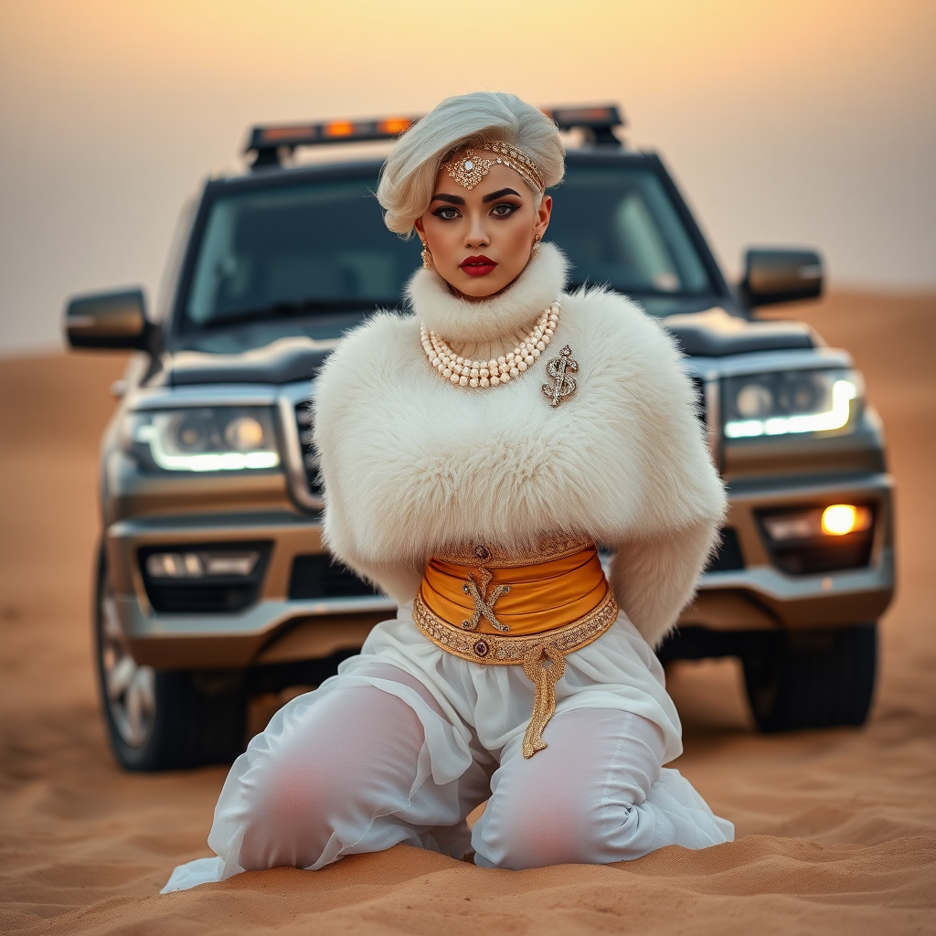 Kuwait desert dunes misty dawn, full size luxury SUV: Melissa, European 17 years old very convincing femboy “trophy-bimbo”, tamed servile docile, very beautiful feminine flawless face, rather short, by hormones very curvaceous womanly figured, platinum blond short tight curls, bold red lips, heavily made-up face, wearing Supertanya-style fluffy very fuzzy bright white angora turtleneck-poncho cropped ending under bust decorated with pearls and gemstones, striking oriental wide gold bridal protection belt, white fully transparent harem pants, full Oriental bridal jewelry with striking headpiece, full Oriental face-jewelry, striking diamond “$$$” letter brooch on left chest, pout frustrated, hands tied behind back, kneeling in sand in front of SUV, looking at camera. Focus on face and turtleneck-poncho.