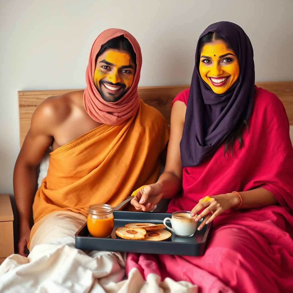 slim, 30 year old, sexy, 2 indian wives, scarf head, turmeric face mask. They are smiling and serving breakfast on a tray on bedside table