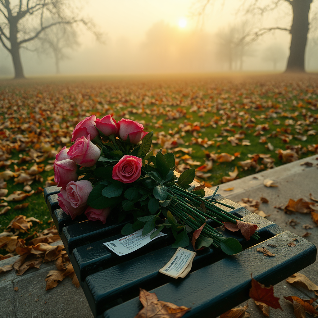 IN AN AUTUMN LANDSCAPE IN WAVES OF FOG AND A LOT OF DRY LEAVES A BOUQUET OF ROSES LAY OUT ON A PARK BENCH NEXT TO A Crumpled TICKET AND FELL DOWN ALL OVER THE LANDSCAPE IN THE SETTING SUN