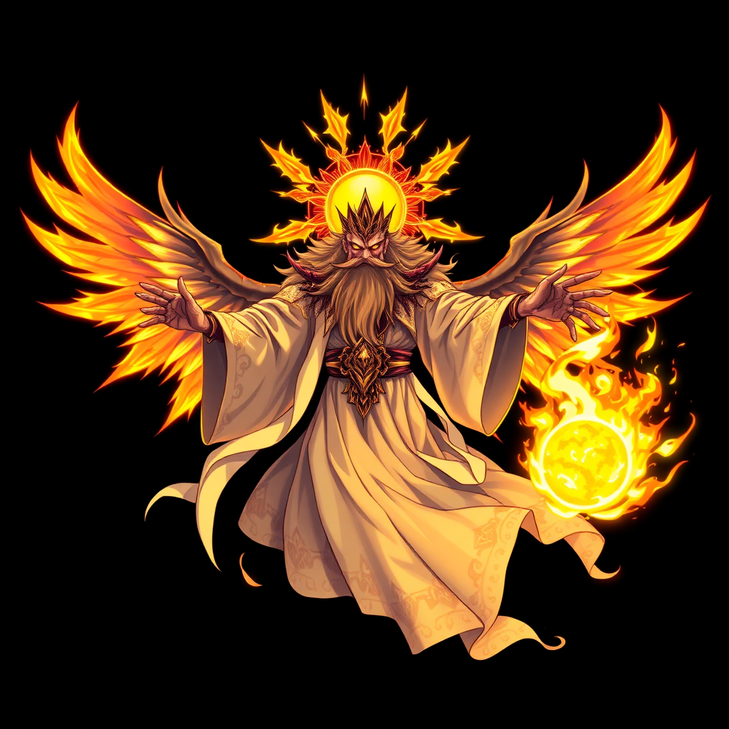 (High quality Anime styled art) Black background of a divine yet malevolent entity, embodying both holiness and corruption, floats ominously in mid-air. Four blazing, fiery wings radiate intense solar energy, while a shattered halo resembling the sun hovers above its head. Clad in flowing robes of white, gold, and black with solar patterns, the being's long beard sways as its wrathful, ember-like eyes burn with fury. In one hand, it grasps a searing solar flame, glowing in vivid shades of yellow and orange, exuding a powerful and foreboding energy.