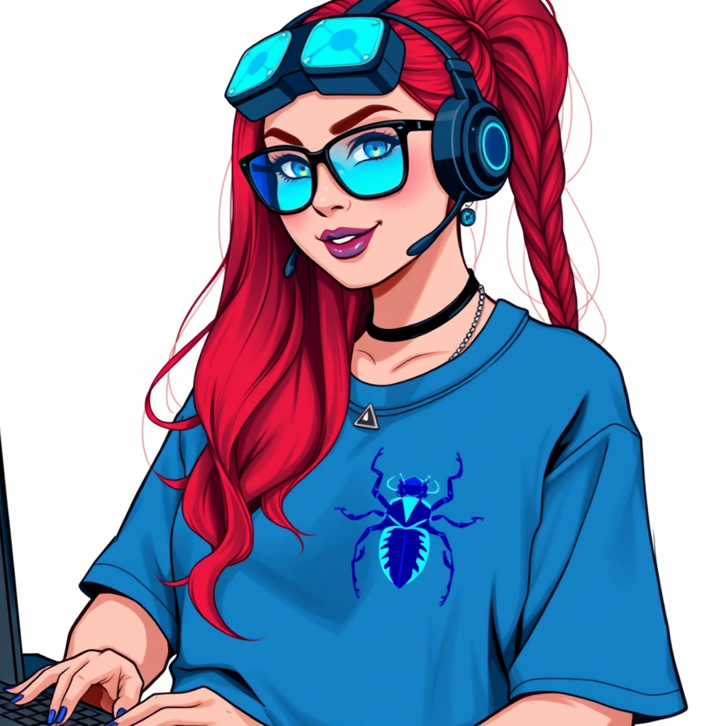 A cyberpunk vigilante’s full-figured intelligent and tech-savvy 28-year-old girlfriend, who is a computer hacker and tech genius. She has a long ruby red ponytail. She wears maximum blue lipstick, bright blue eyes, a sapphire beetle gemstone necklace, sapphire earrings, black eyeglasses, and an oversized maximum blue t-shirt featuring a blue sapphire gemstone crusted beetle chest icon. She has a full-figured physique with a prominent, massive, round belly, reflecting her well-cared-for lifestyle. She sports a sapphire headset with a hi-tech maximum turquoise lensed HUD, and a shy smile with a neon red blush. She serves as his tech expert from his hideout, diligently working at her lab table computer desk. The background is solid white. She is drawn as if she was in a retro 2D cyberpunk fighting game. Ensure her t-shirt covers her belly.