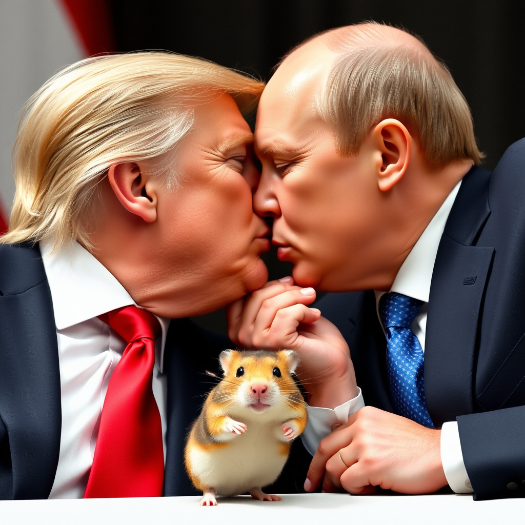 Donald Trump and Vladimir Putin kissing passionately while a hamster watches