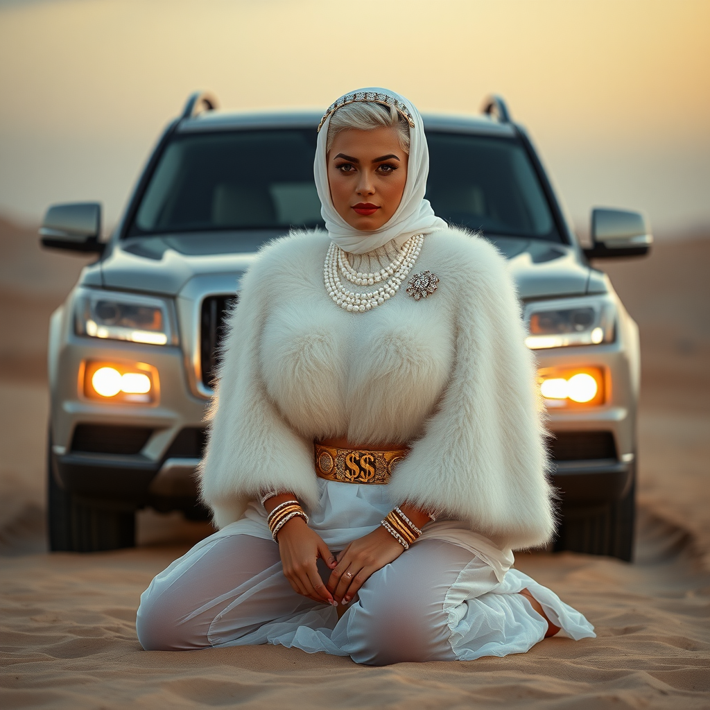 Kuwait desert dunes misty dawn, full size luxury SUV: Melissa, European 17 years old very convincing femboy “trophy-bimbo”, tamed servile docile, very beautiful feminine flawless face, rather short, by hormones very curvaceous womanly figured, platinum blond short tight curls, bold red lips, heavily made-up face, wearing Supertanya-style fluffy very fuzzy bright white angora turtleneck-poncho cropped ending under bust decorated with pearls and gemstones, striking oriental wide gold bridal protection belt, white fully transparent harem pants, full Oriental bridal jewelry including headpiece, white transparent Burka face veil covering noose and mouth, coin anklets, striking diamond “$$$” letter brooch on left chest, pout frustrated, hands tied behind back, kneeling in sand in front of SUV, looking at camera. Focus on face and turtleneck-poncho.