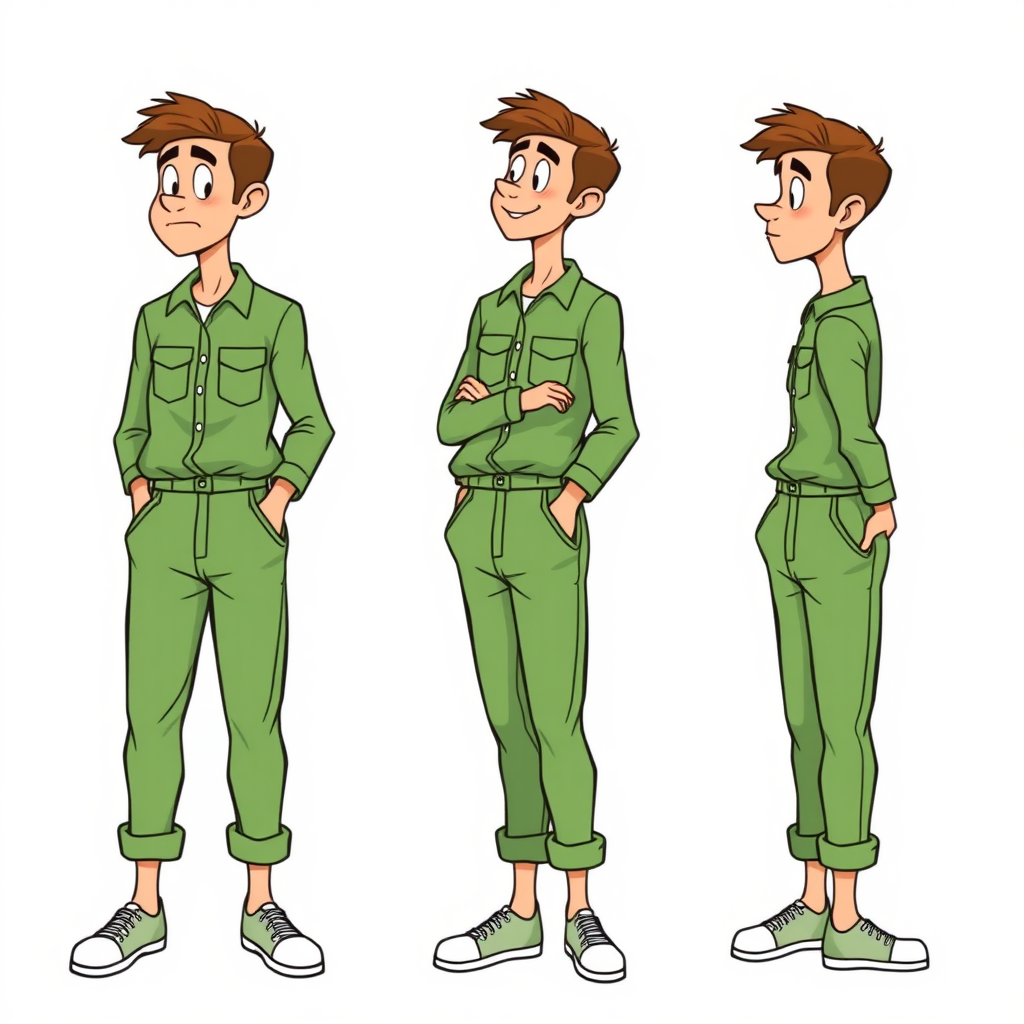 multiple views with progression, character design sheet, blushing shy nervous small 20 year old european skinny man wearing green long sleeve coveralls is trying to hide his excitement, bulging pants, 
long establishing shot, 2D, caricature, cartoon, Sketch lines, coloring book, nlack and white, coloring book style on white background, well composed, clean coloring book page, No dither, no gradient, strong outline, No fill, No solids, vector illustration, side view, vector illustration, empty space around each view