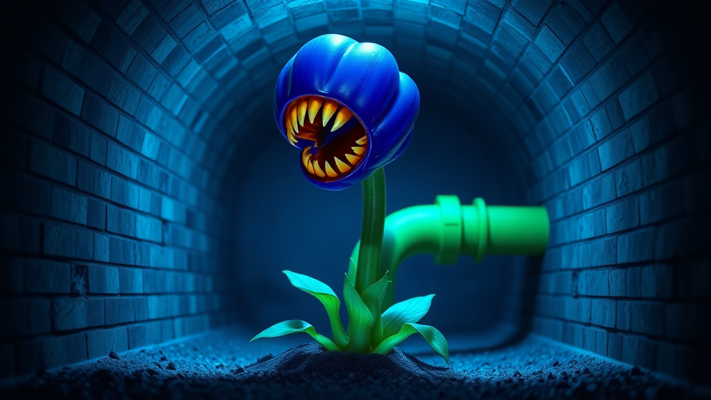 Interior. low depth of field. Underground scene with brick walls and floor. Blue tinted lighting. a large green drain pipe sticks out of the ground. growing out of the pipe opening, a monster with the head of a blue flower bulb, large mouth with pointy yellow teeth. Its body is a green flower stem with green leaves.