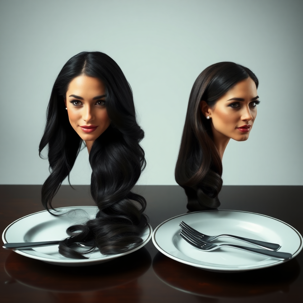 Surreal image of the disembodied heads of very long haired Meghan Markle and Kate Middleton served on plates.