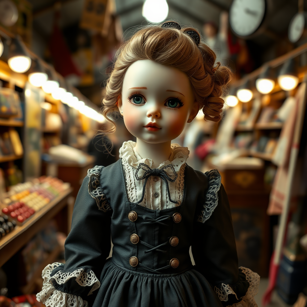 a young porcelain doll in flea market wearing a Victorian dress, artist doll, bjd, high quality photo, intricate environment, ultra-detailed, impressionistic, dynamic composition, artistic photograph