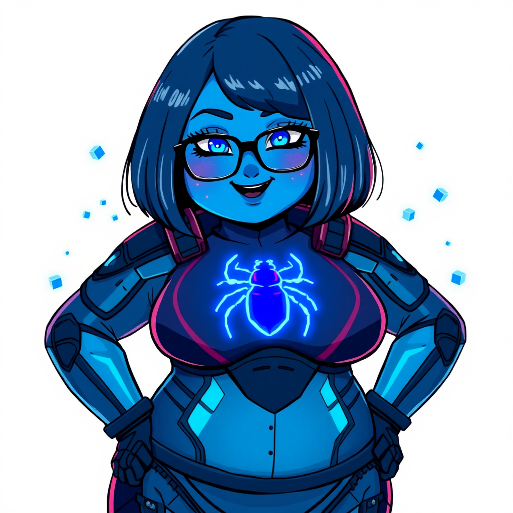 A 28-year-old, full figured, computer science major, now transformed into a full figured, nerdy, heavily pampered digital sidekick for her cyberpunk vigilante boyfriend, with maximum blue skin. Her bob cut seamlessly blends with her skin, appearing to merge together as computer data, and her neon blue eyes glow intensely. Her full figure is defined by a prominently, round, gargantuan midsection, sequoia-sized limbs, and broad shoulders, showing the extent of her boyfriend's doting pampering. As a loyal and supportive sidekick, she plays a crucial role in their missions, using her digital skills to assist and protect.

She wears a digital, computerized maximum blue bodysuit which blends with her hair and skin (appearing to merge together like computer data), all are colored maximum blue. The bodysuit has a neon blue chest icon of a beetle, along with matching high-tech gloves. She bashfully giggles with a neon red blush, emitting neon blue data cubes from her body, set against a solid white background. Heavily pampered by her doting boyfriend, her full figure (especially her prominent, round, gargantuan midsection) clearly shows this care. She has the ability to hack into computers and machines, and her nerdiness is blatantly obvious with her black oversized eyeglasses. Her full figure (especially her prominent, round, gargantuan midsection) is prominently displayed and heavily emphasized. Her outfit is influenced by DC’s Jennifer Knight Phantom Lady but remains distinct. She is drawn as if she was in a retro 2D cyberpunk fighting game. Ensure her skin color is distinct from Inside Out's Sadness and any other character. Ensure she doesn't resemble The Power of Surge's Debra or any other character. Ensure her midsection is round. Her proportions are bloated to emphasize her non-athletic, full figure. She is obviously non-athletic, with heavy emphasis on her full figure and prominent, round, gargantuan midsection.