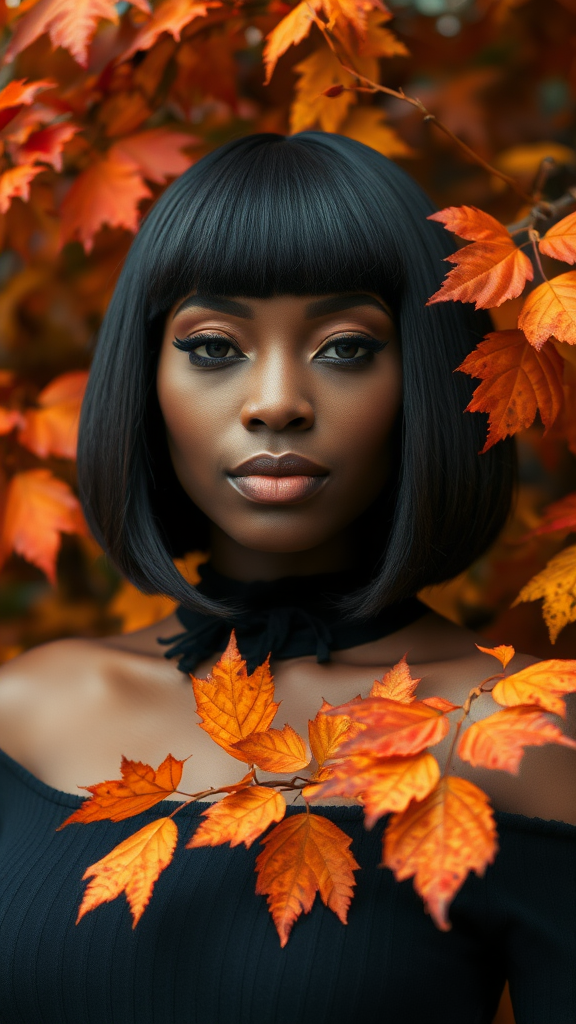 Beautiful model Naomi Campbell with a bob square haircut, surrounded by autumn foliage, in high definition.